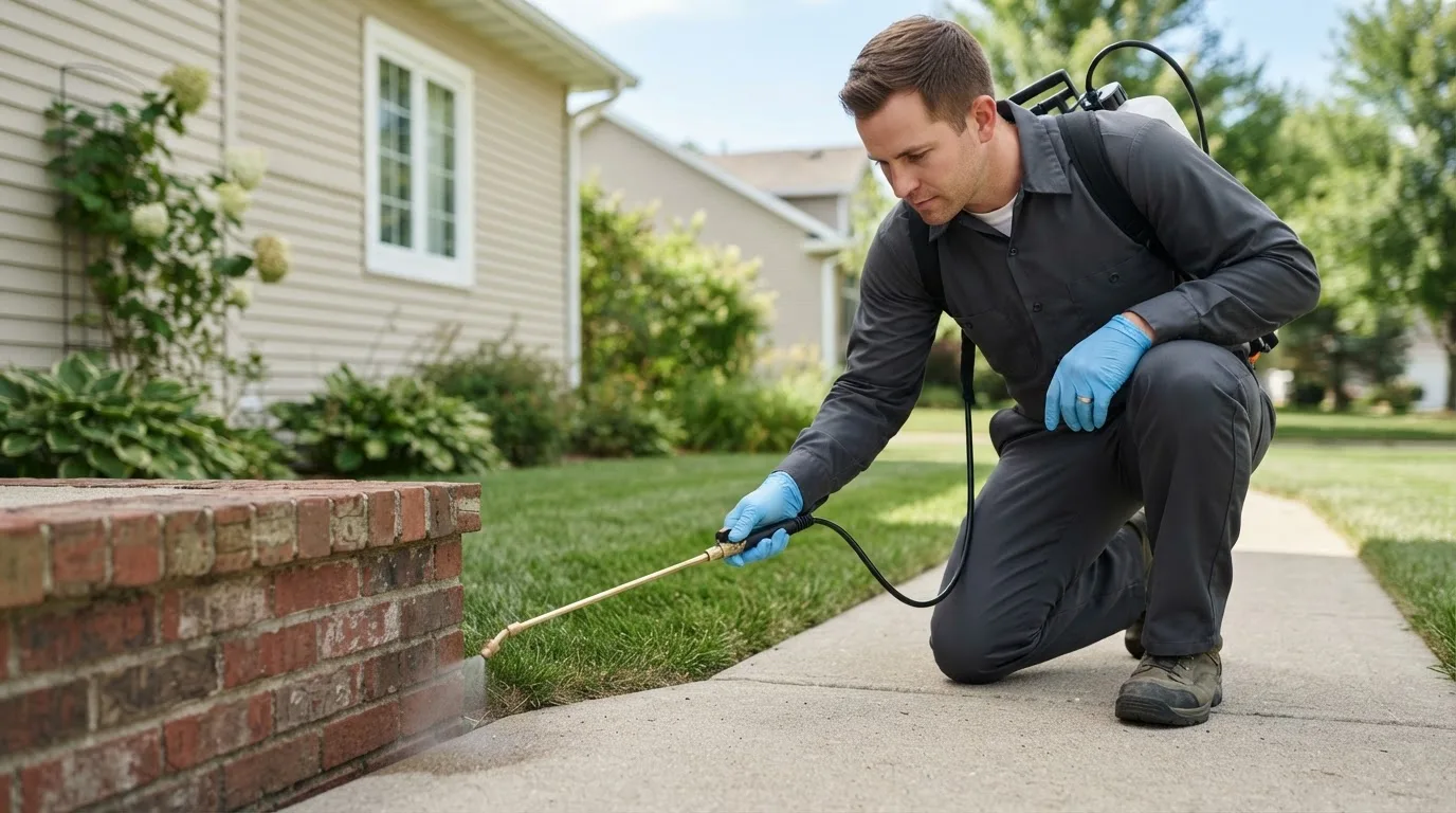 Pest control technician treating a home near Talmoon, MN