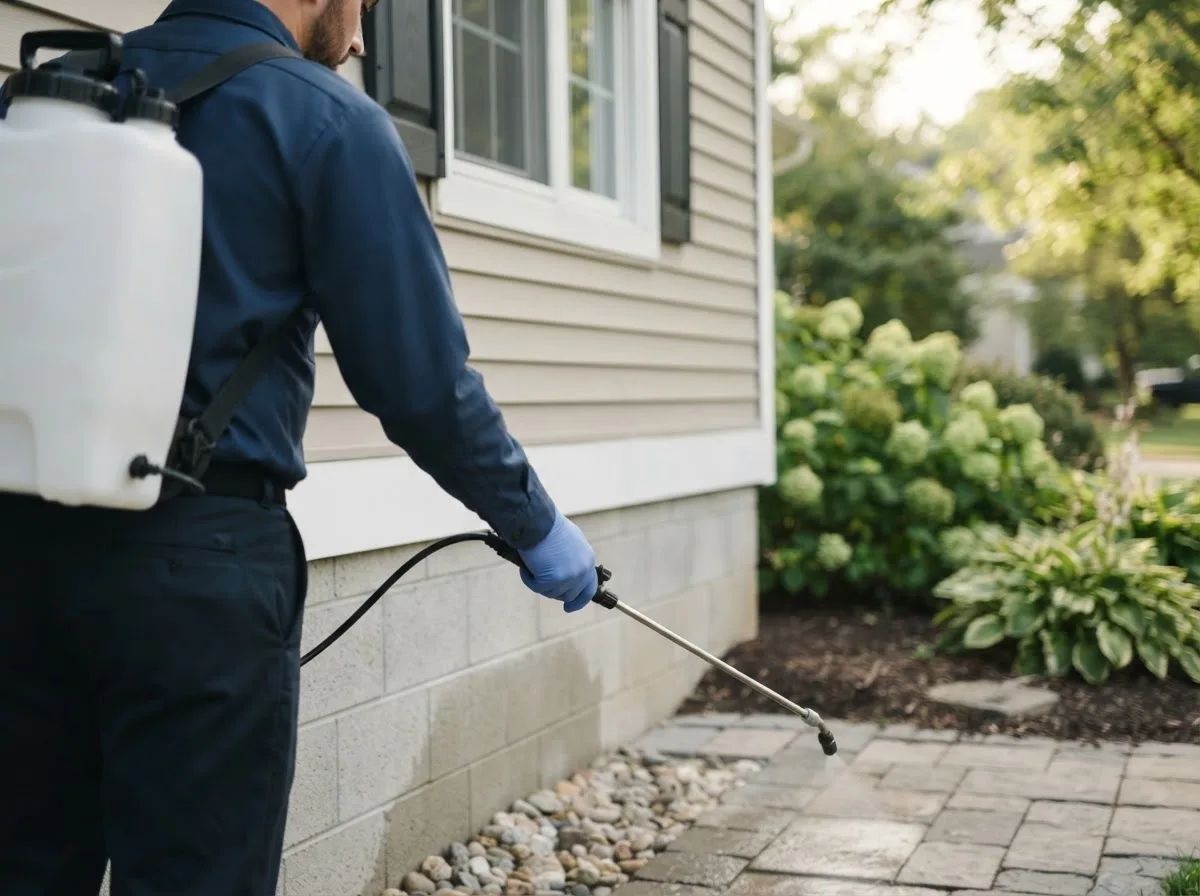 Pest control technician inspecting a home in Talmoon, MN